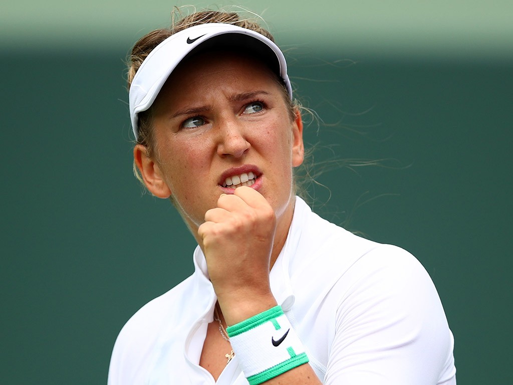 Victoria Azarenka reacts during her quarterfinal victory over Johanna Konta at the Miami Open; Getty Images
