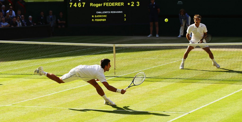 Novak Djokovic and Roger Federer in the 2015 Wimbledon men's final; Getty Images