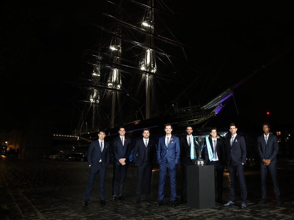 The ATP World Tour Finals field poses in front of the Cutty Sark in London; Getty Images