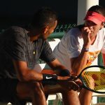 Kyrgios chats with girlfriend Ajla Tomljanovic. Photo: Getty Images