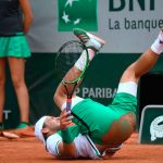 Lucas Pouille was injured in this fall during his five set defeat to Albert Ramos-Vinolas. Photo: Getty Images
