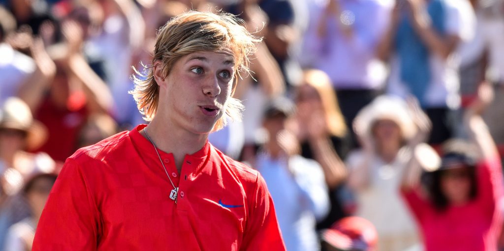 CAREER-BEST WIN: Denis Shapovalov reacts to his upset win over Juan Martin del Potro; Getty Images