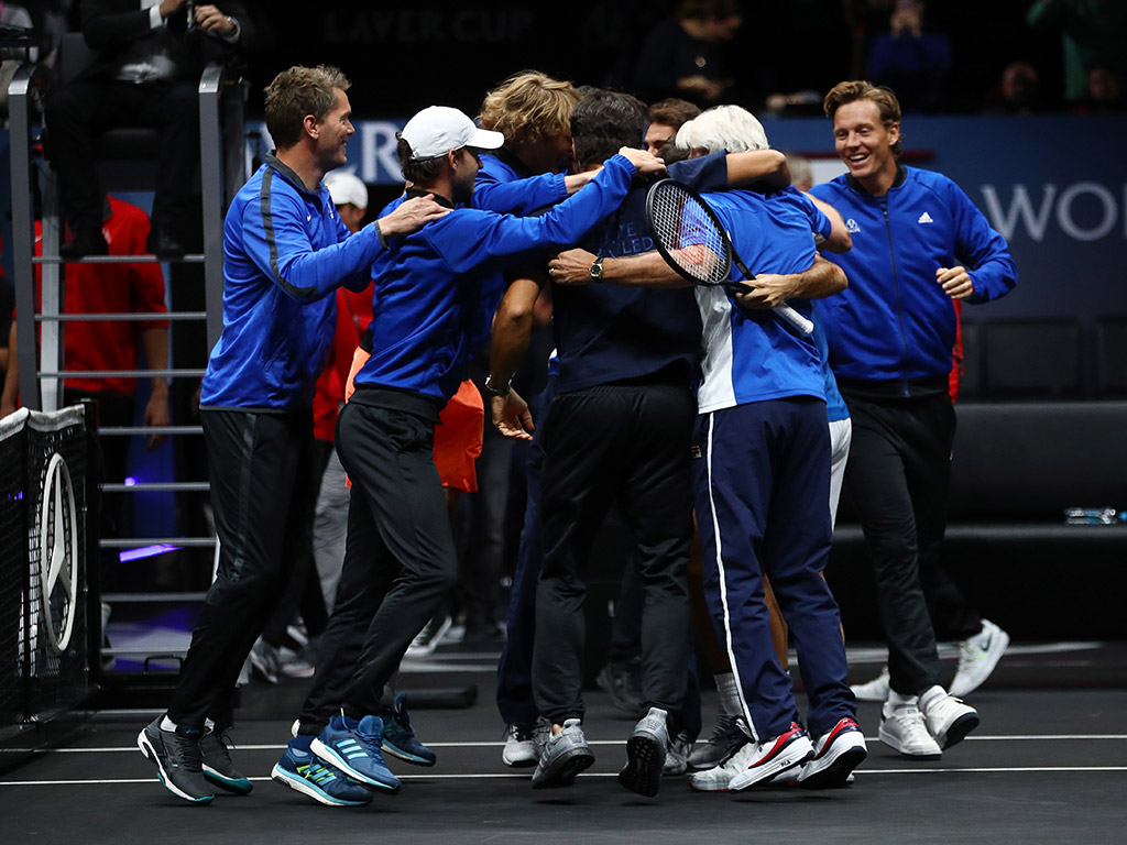 Team Europe celebrates at the O2 Arena in Prague; Getty Images