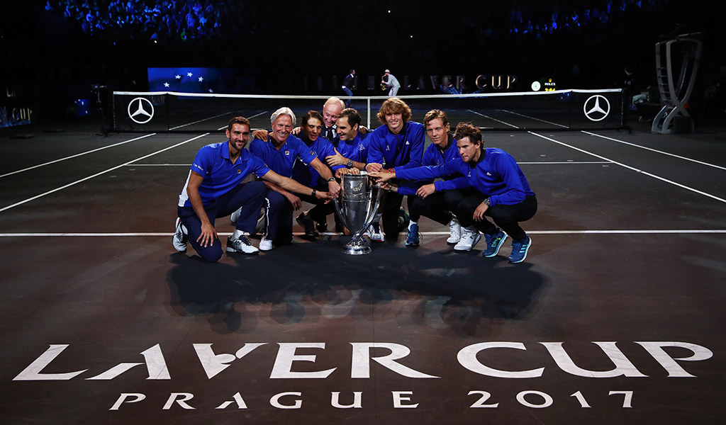 Team Europe (L-R Marin Cilic, Bjorn Borg, Rafael Nadal, Roger Federer, Alexander Zverev, Tomas Berdych, Dominic Thiem) pose with Rod Laver and the Laver Cup in Prague; Getty Images