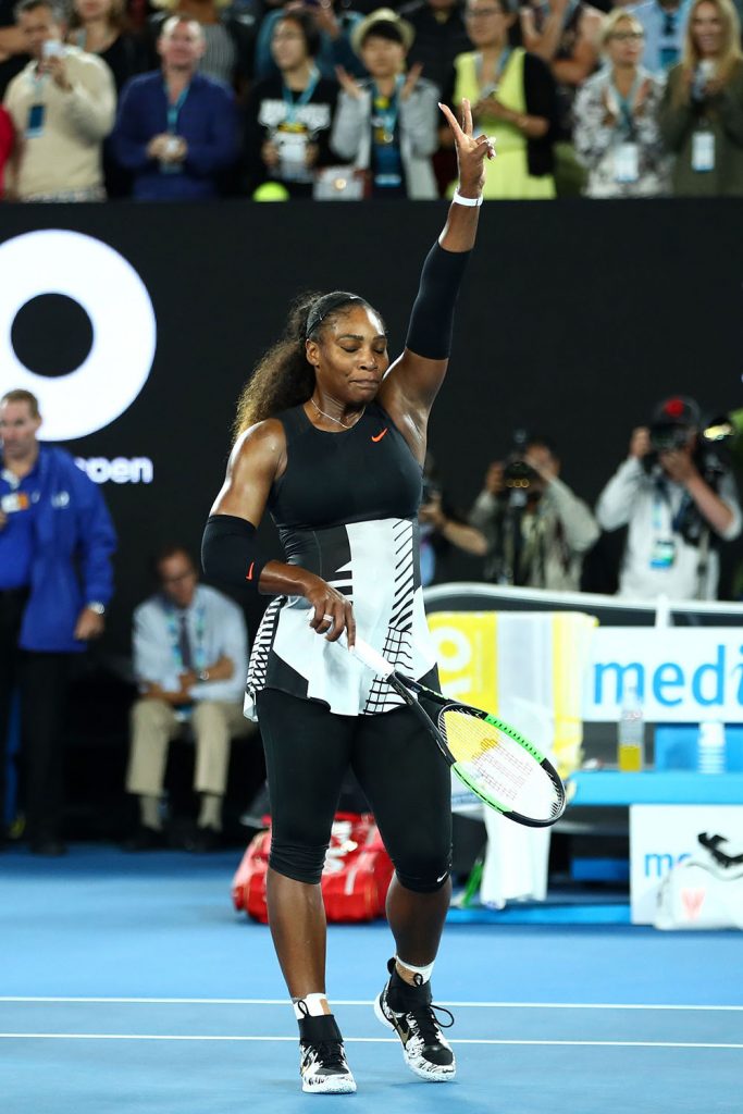 MELBOURNE, AUSTRALIA - JANUARY 28: Serena Williams of the United States celebrates winning her Women's Singles Final match against Venus Williams of the United States on day 13 of the 2017 Australian Open at Melbourne Park on January 28, 2017 in Melbourne, Australia. (Photo by Clive Brunskill/Getty Images)