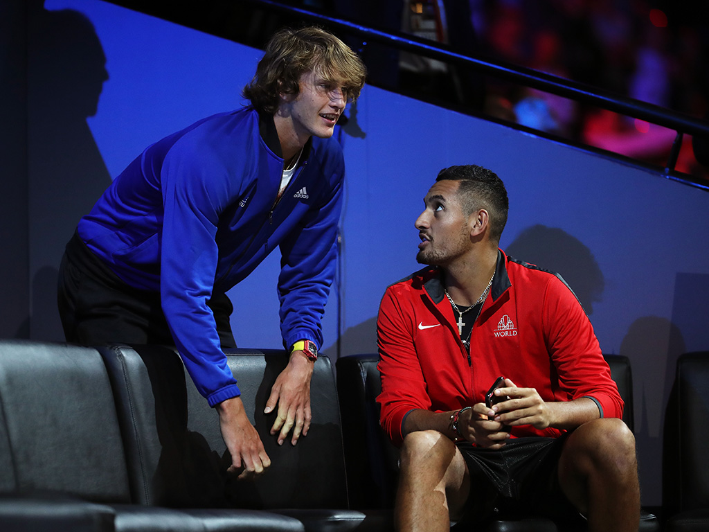 On opposing teams at the Laver Cup, Alexander Zverev (left, Team Europe) and Nick Kyrgios (Team World) still had time for a chat; Getty Images