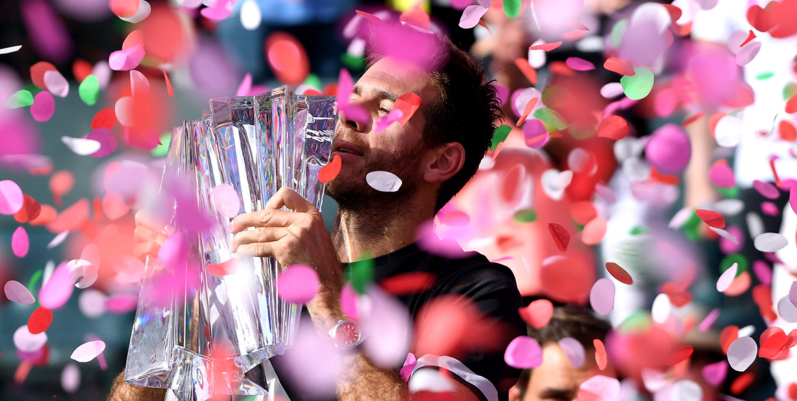Juan Martin del Potro hoists the Indian Wells trophy - his first ATP Masters title - after beating Roger Federer in a thriller; Getty Images