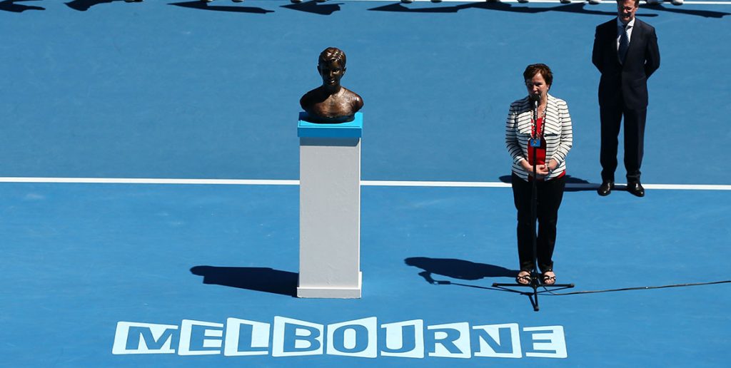 Kerry Reid unveils a bust as she is introduced to the Australian Tennis Hall of Fame during day 11 of the 2014 Australian Open at Melbourne Park on January 23, 2014 in Melbourne, Australia. (Photo by Chris Hyde/Getty Images)