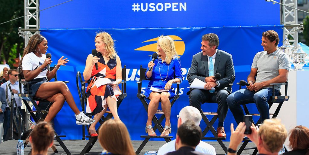 Sloane Stephens (L) chats to Tracy Austin (centre) at the US Open draw ceremony in New York; Getty Images