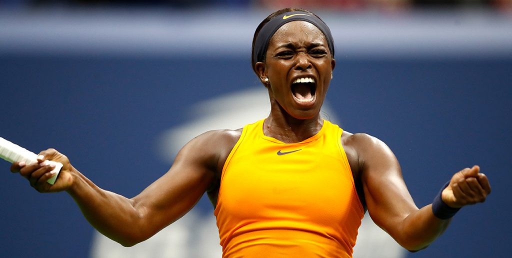 Sloane Stephens celebrates victory against Victoria Azarenka on day five; Getty Images